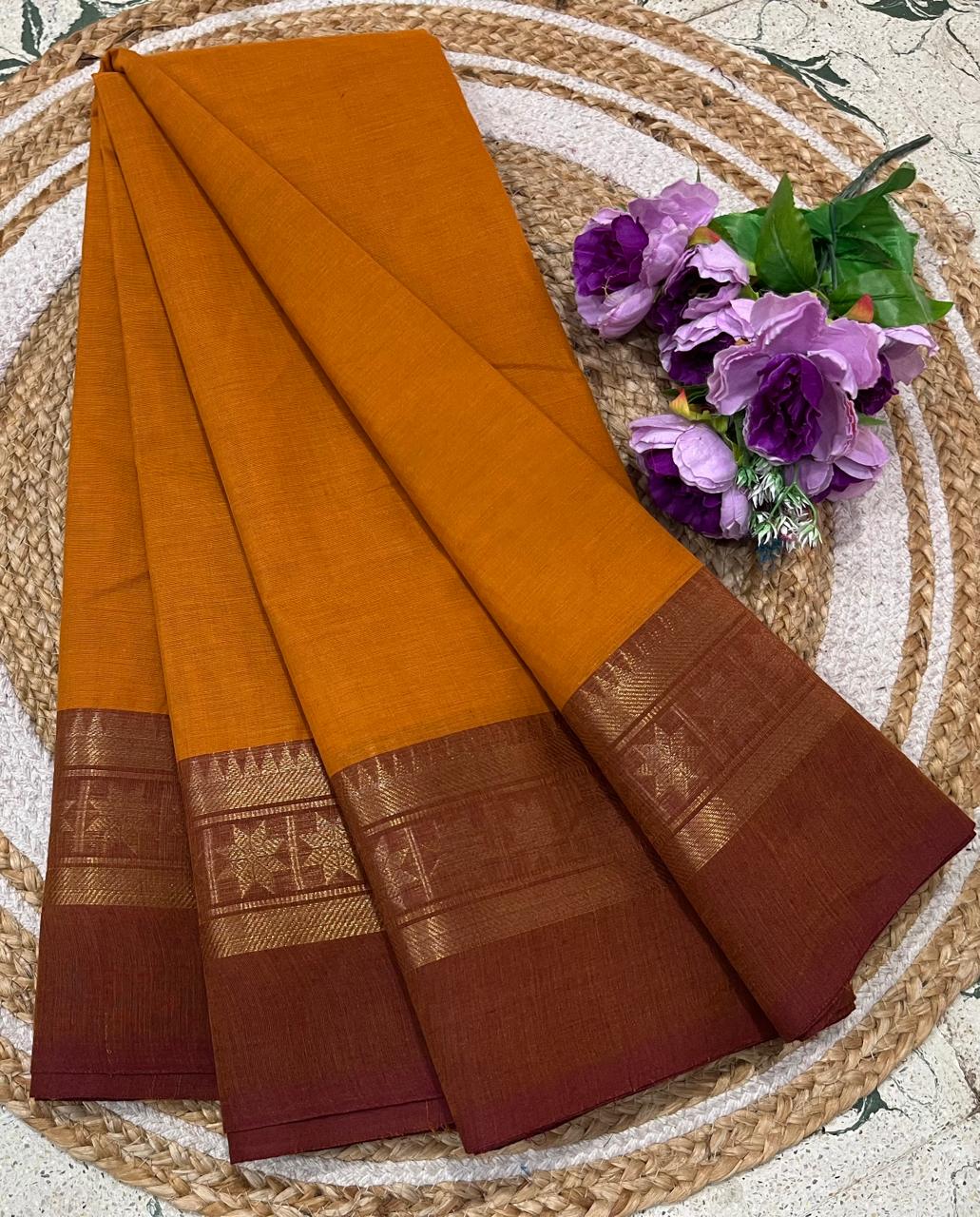 Mustard Gold Kanchi Cotton Saree With Traditional Border